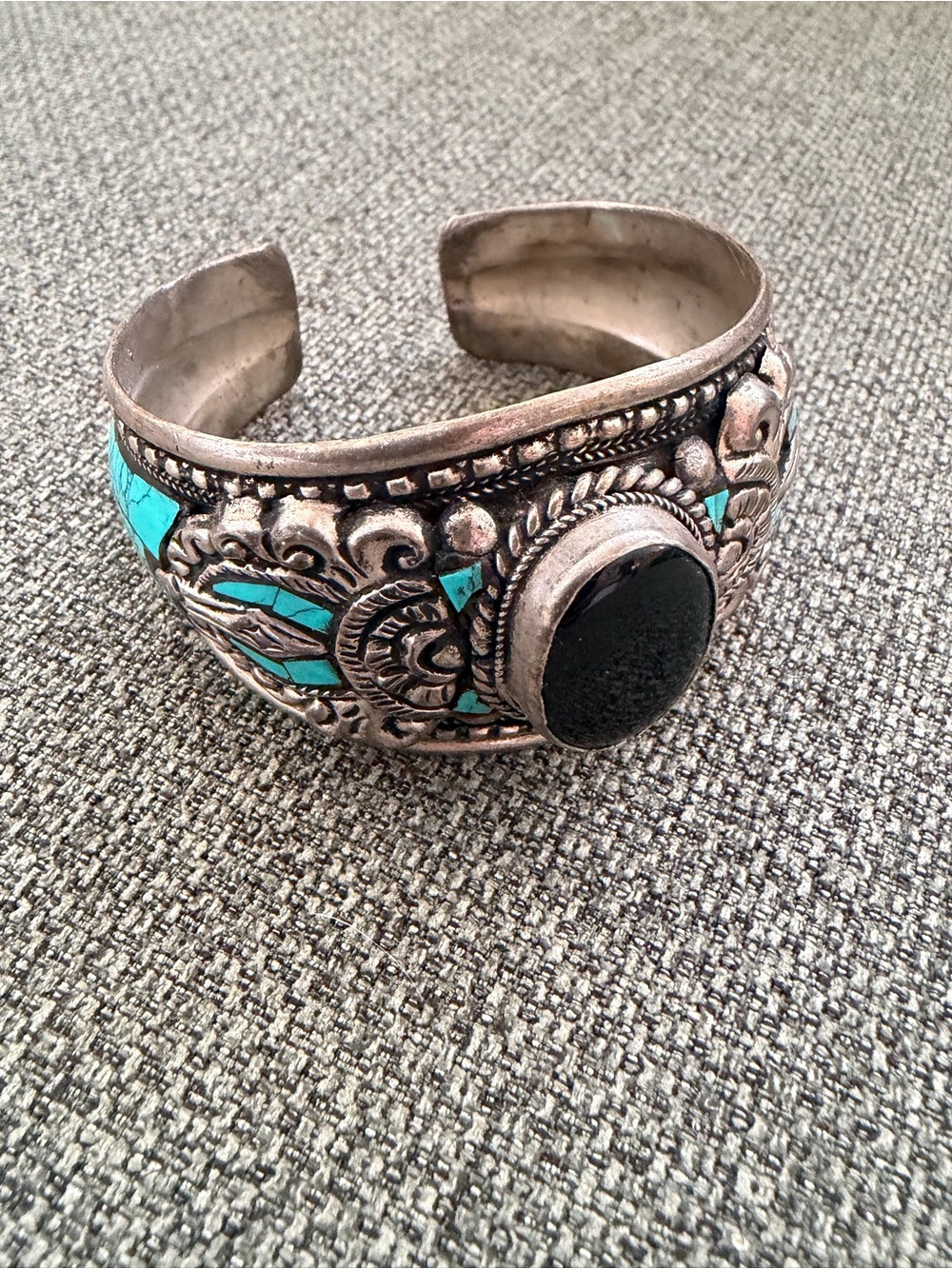 Turquoise Inlay Silver-Tone Statement Cuff Bracelet